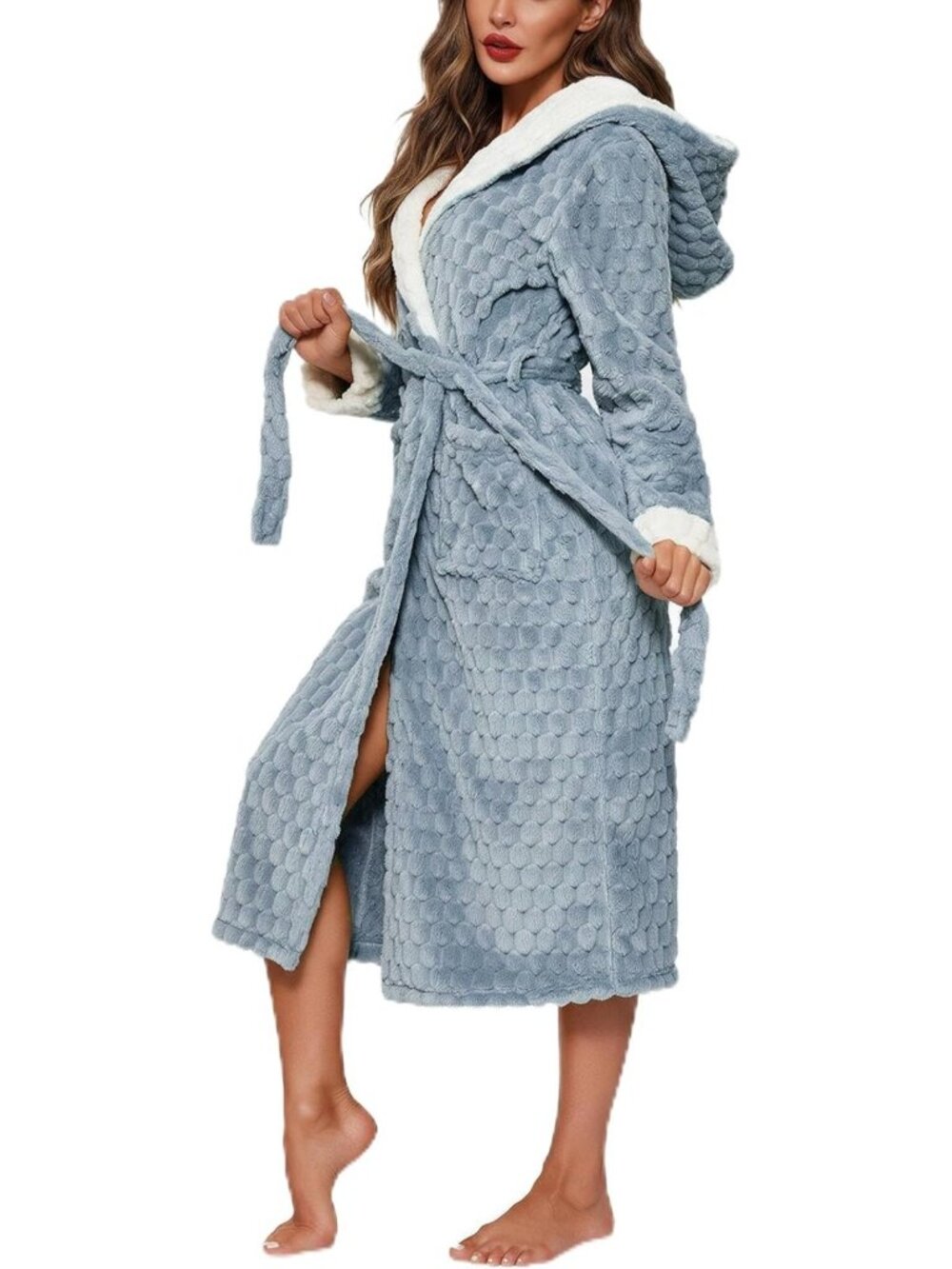 Cozy Hooded Plush Bathrobe for Women - Long Soft Fluffy Jacquard Robe